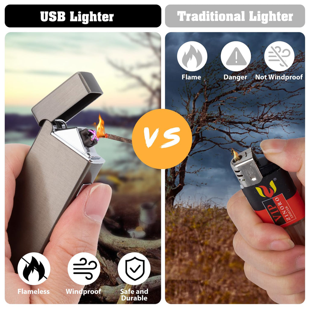 LcFun Electric Lighter USB Rechargeable Windproof Flameless Plasma Dual Arc Lighter Small Metal Pocket Lighters for Camping, Birthday Gifts for Men Husband (Nickel Brushed)